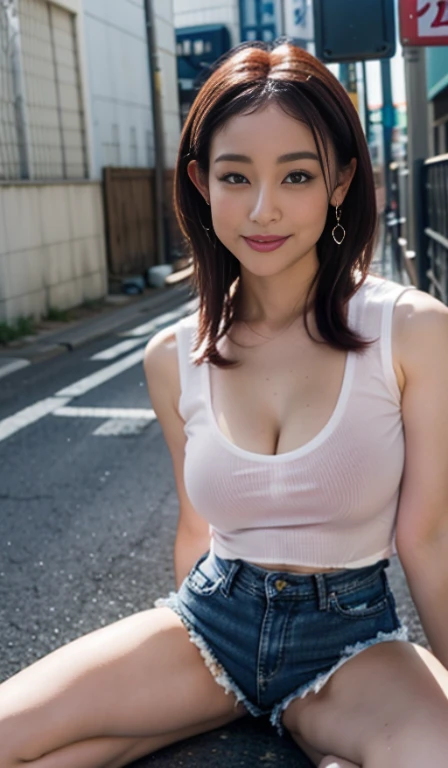 In 8K、超A high resolution、highest quality、table top (big breasts、Huge 、cleavage:1.65)(Small white tank top with tight size、Pretty short denim hot pants、Put a tight white tank top inside hot pants:1.48)(on the streets of tokyo:1.3) (black hair medium long:1.25)smile happily、Big eyes、Clear double eyelids、eyelash、eye highlights、light brown eyes、pink lip gloss、earrings、Black Enamel Knee-High Boots、(spread your legs wide apart、beautiful long legs)