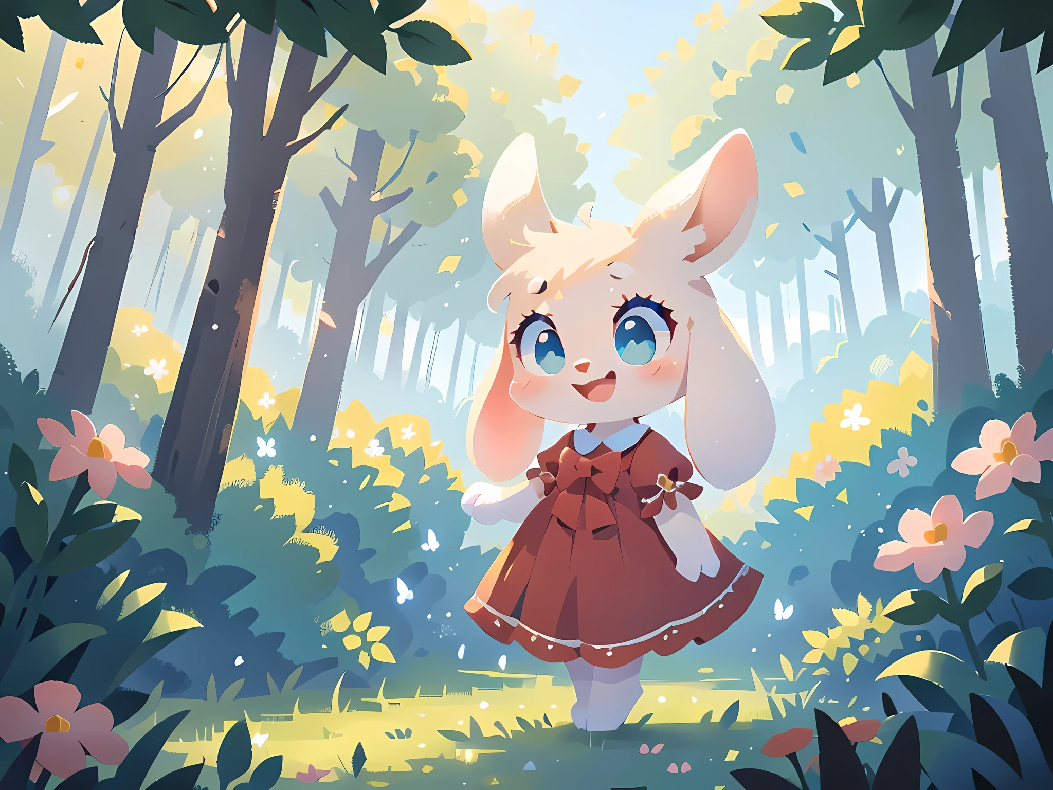 zoomed out image, ((solo character)), cute style art, fantasy style art, cute, adorable, short character, small, tiny little fluffy female white bunny with blue eyes, 4 ears, 2 extra ears, big floppy ears, long ears, ears perked up, raised ears, long eyelashes, poofy rabbit tail, wearing a red frilly ribbon dress, smiling, standing in a thick green forest, realistic forest, soft tones, big expressive smile, open mouth, wide eyes, excited eyes, excited face, looking at the scenery, looking at the trees in wonder, exploring happily, stunning visuals, sunlight coming through the trees, flowers scattered in the bushes, butterflies in the air, digital illustration