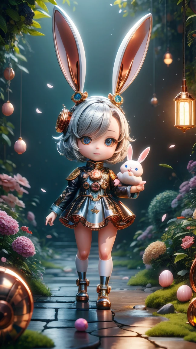 Pixar style, (Blind box toy style:1.2), Cute mechanical rabbit wearing clothes，透明发Light，霓虹灯Light，High precision mechanical parts，Its body is composed of fine copper and silver components.，眼睛像两颗发Light的宝石，Clean, White background, (global illumination, Light线追踪, high dynamic range, Unreal rendering, Reasonable design, high detail, masterpiece, best quality, ultra high definition, Light)，chibi, 3d