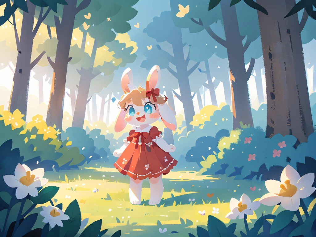 zoomed out image, ((solo character)), cute style art, fantasy style art, cute, adorable, short character, small, tiny little fluffy female white bunny with blue eyes, 4 ears, 2 extra ears, big floppy ears, long ears, ears perked up, raised ears, long eyelashes, poofy rabbit tail, wearing a red frilly ribbon dress, smiling, standing in a thick green forest, realistic forest, soft tones, big expressive smile, open mouth, wide eyes, excited eyes, excited face, looking at the scenery, looking at the trees in wonder, exploring happily, stunning visuals, sunlight coming through the trees, flowers scattered in the bushes, butterflies in the air, digital illustration