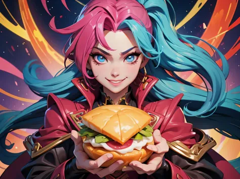 gluttony、greedy、Lust、flashy hair color、villain&#39;s smile、Holding food in your hands