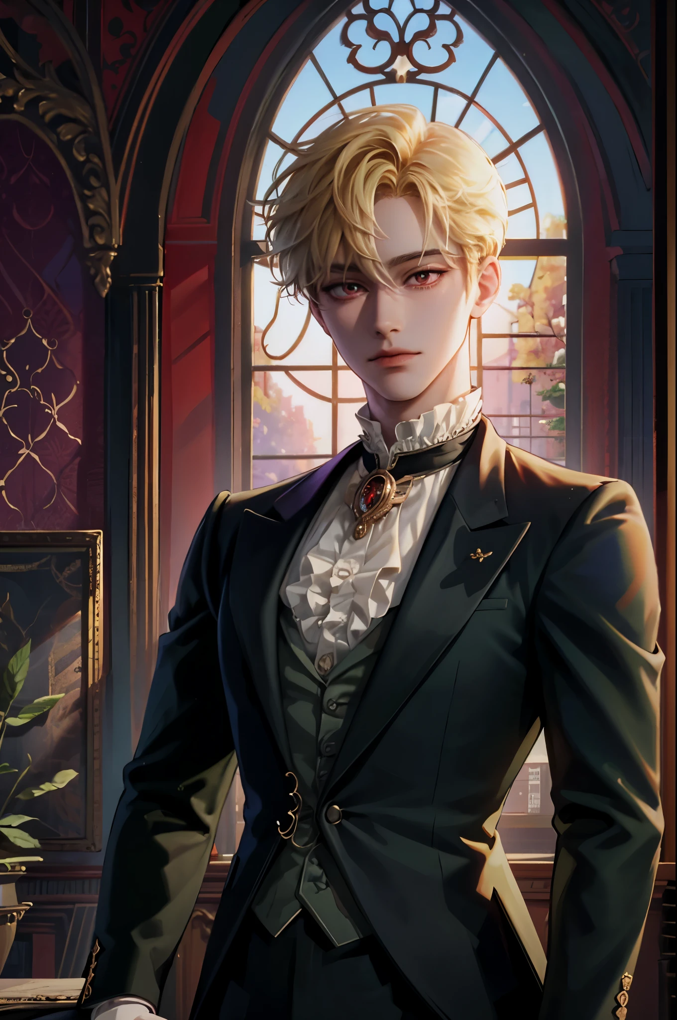 masterpiece, best quality, 1man, adult, male focus, solo, blonde hair, vibrant red eyes, looking at viewer, closed mouth, cantarella, Fantasy aesthetics, Highly detailed, casual style, Victorian mansion background , beside the window, natural lighting