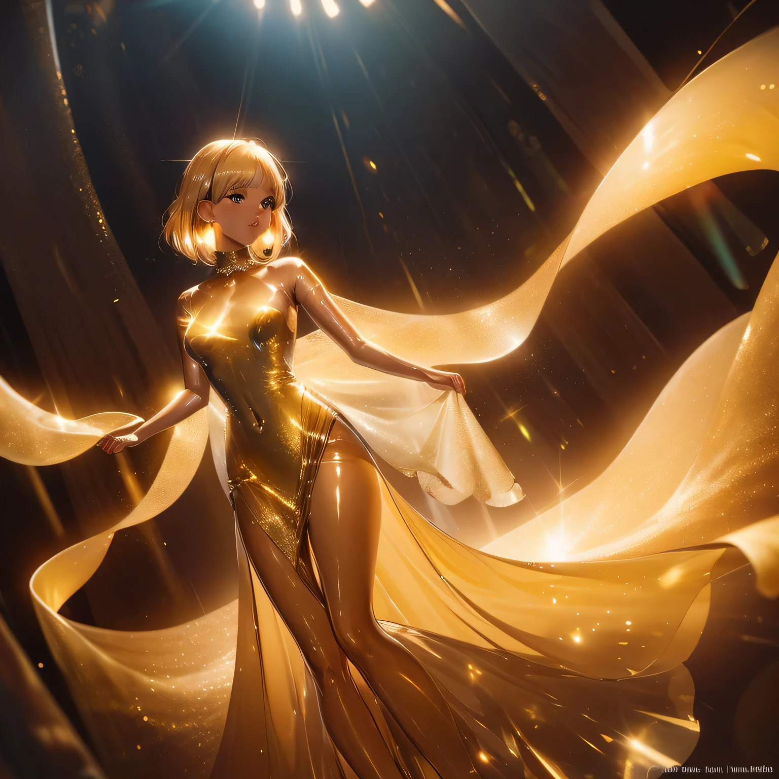 Uma garota com um vestido dourado translúcido