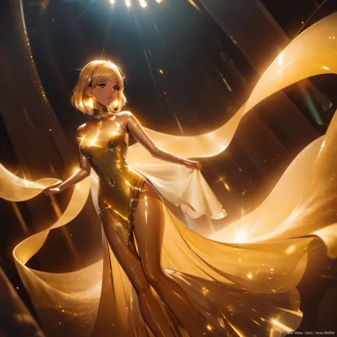 A girl in a golden translucent dress
