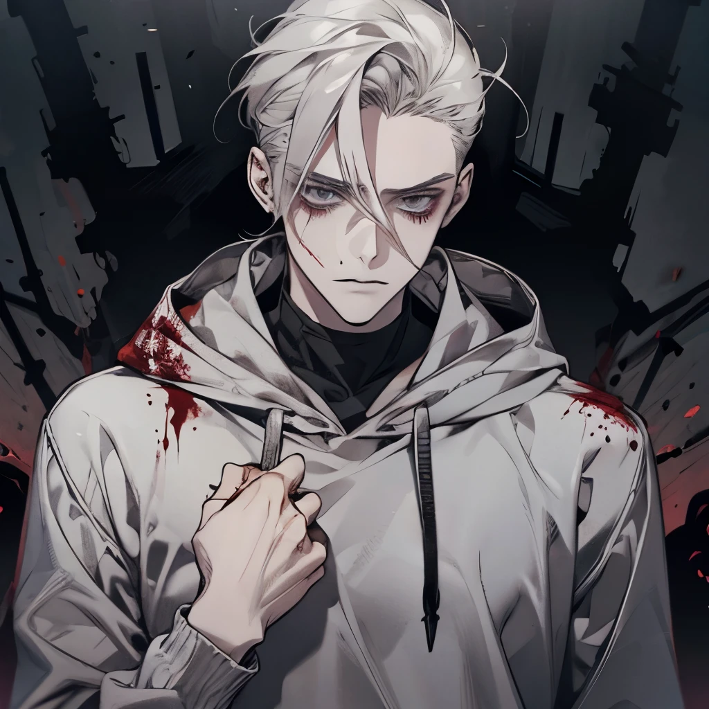 Anime guy with white hair and a hoodie holding a knife - SeaArt AI