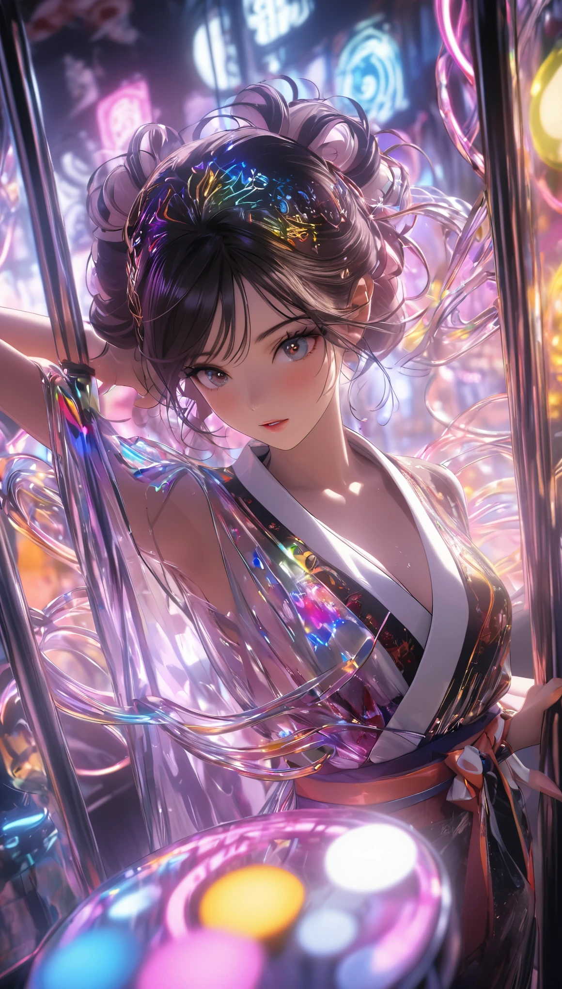 A photo of a Japanese woman in her twenties，Made of shiny white and silver translucent glass and plastic, Geisha makeup and hairstyle, Silver metal interior, dynamic poses, flowing organic structure, Glowing golden circuit, colorful neon decoration, light emitting circuit, neon decoration, Depth of field focus f/2.8, H&#39;s Art.right. jiger, Greg rightutowski