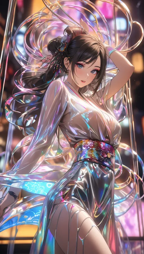 A photo of a Japanese woman in her twenties，Made of shiny white and silver translucent glass and plastic, Geisha makeup and hairstyle, Silver metal interior, dynamic poses, flowing organic structure, Glowing golden circuit, colorful neon decoration, light ...