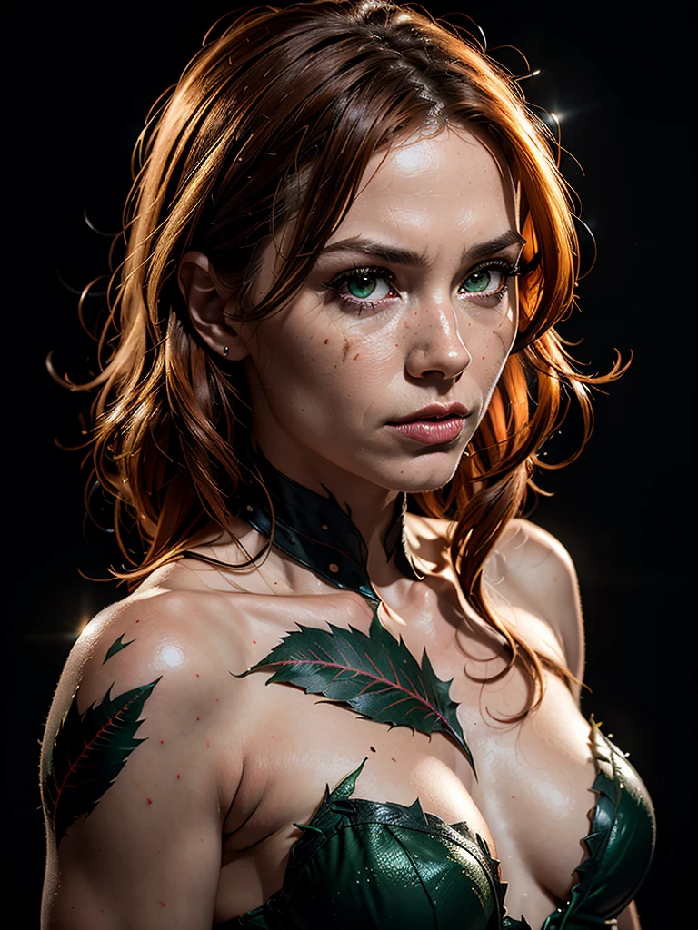 hyperrealism, (photorealistic:1.2), (film grain:1.3), masterpiece, best quality, perfect detail, cinematic lighting, professional photo, realistic photo, raw photo, Marvel style, poison ivy, posing, simple black background, studio light