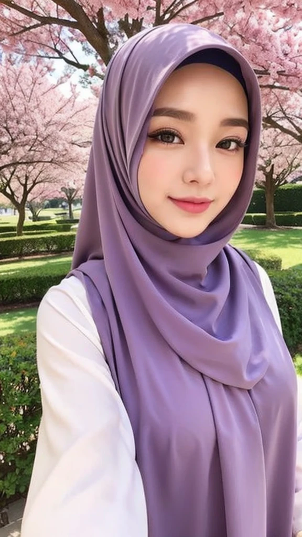 A woman wearing a purple hijab standing in front of a tree - SeaArt AI