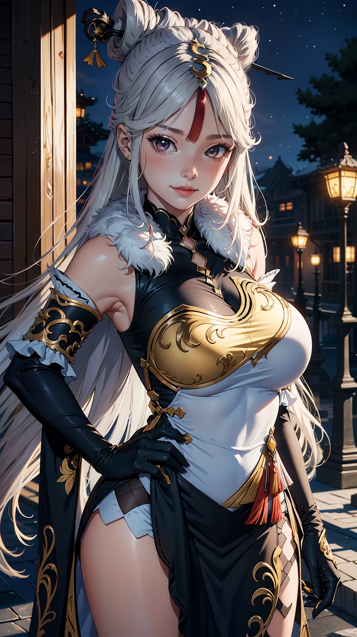Masterpiece, high quality, 8k,detailed body, ultra detailed, detailed face, standing, blush, bright eye, outdoors, (detail face), ningguangdef, (gigantic breasts),(night), half body, smile,