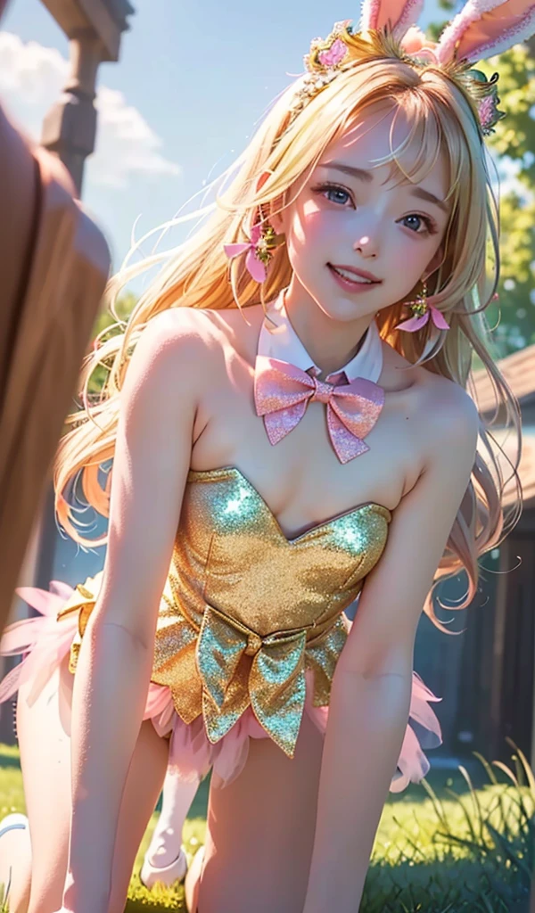 masterpiece, best quality, extremely detailed CG unity 8k wallpaper, (Upper Body head close-up shot of a beautiful little girl), Wendy, Elegant Long straight blonde hair, (Mckenna Grace), ((flat chest,thighs)), ((pink-green)) golden ((Glittering tutu,long Bunny Ear Headgear, , Bow-tie, )), ((Kneel,all fours,from below)), (Blush), oil skin, (seductive smile), (Wonderland), pretty face, key art, award winning, intricate detail realism hdr, by (ruan jia and artgerm and range murata), Photorealism, Hyperrealism, ultra realistic, dramatic light, intense shadows, gorgeous view, depth of field
 
