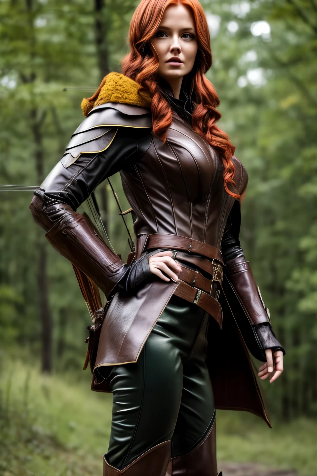 (photorealistic:1.1) 32 yo woman forest archer in a fantasy world, action shot, female protagonist, very tall woman, wearing knee-high lightweight brown leather boots, wearing brown animal leather pants, wearing green and yellow Ranger cloak, wearing a Oakleaf necklace, wearing green breeches beneath her cloak, hoody put down from her cloak, luscious hair, defiant and fierce face, beautiful woman, sexy, barefaced, threatening posture towards viewer, looking at viewer, emphasis on face, perky , tight clothes, fiery red hair flowing in the wind, realistic, real shadow, 3d