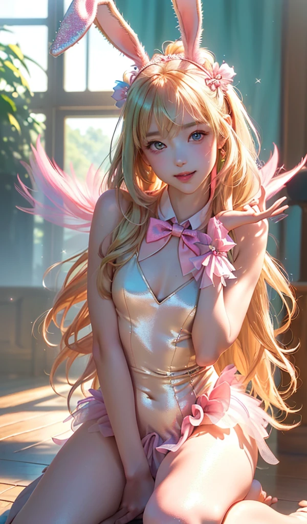 masterpiece, best quality, extremely detailed CG unity 8k wallpaper, (Upper Body head close-up shot of a beautiful little girl), Wendy, Elegant Long straight blonde hair, (Mckenna Grace), ((flat chest,thighs)), ((pink-green)) golden ((Glittering tutu,long Bunny Ear Headgear, , Bow-tie, )), ((Kneel,Lean forward,from below)), (Blush), oil skin, (seductive smile), (Wonderland), pretty face, key art, award winning, intricate detail realism hdr, by (ruan jia and artgerm and range murata), Photorealism, Hyperrealism, ultra realistic, dramatic light, intense shadows, gorgeous view, depth of field
 
