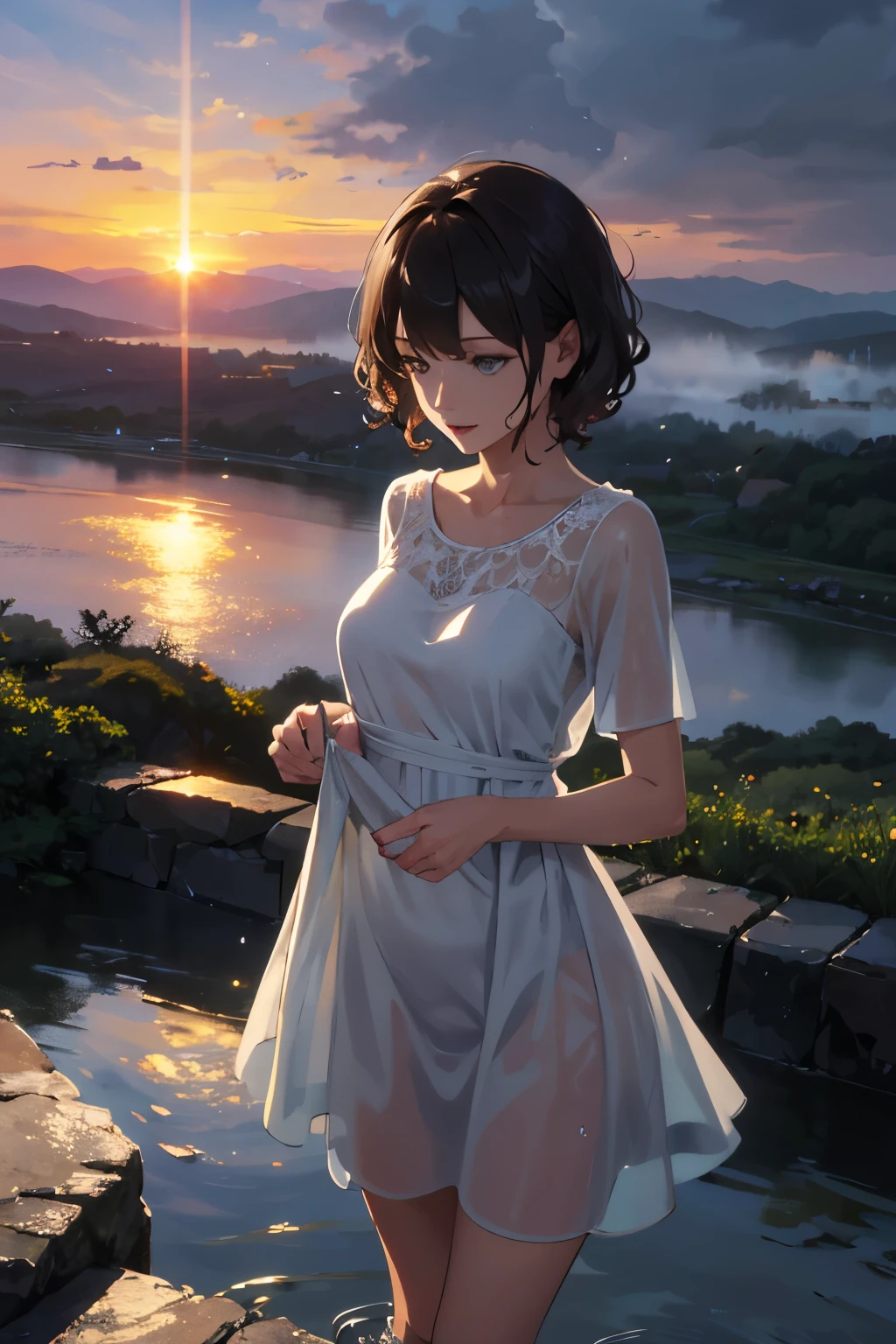 A mature woman in a wet white dress gets wet in a rush, mist on the top and bottom, short curly brown hair, sunset, a masterpiece, a rainbow appears, from the front