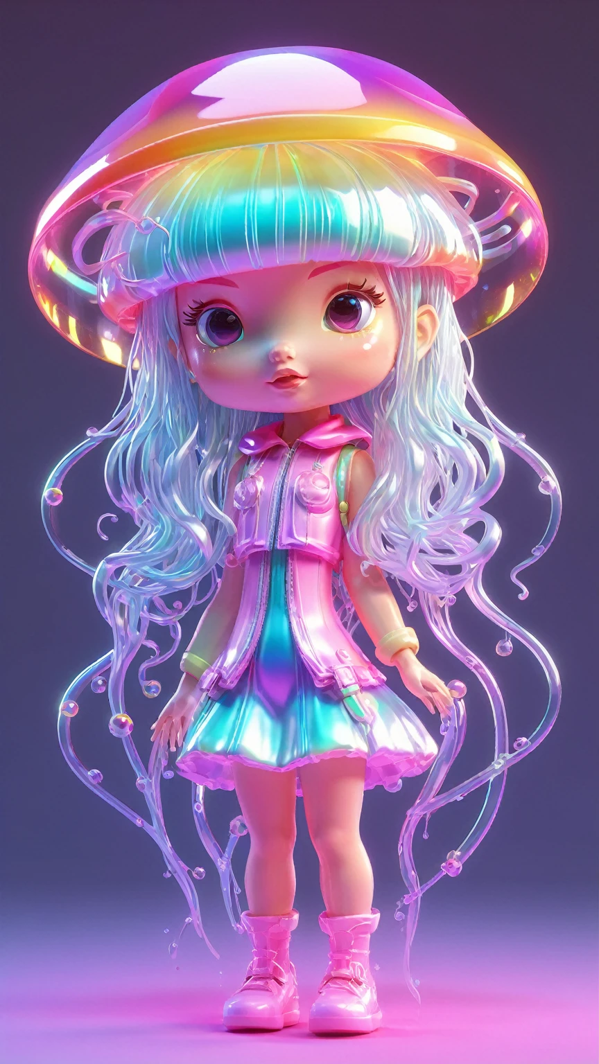 holographic,3d toy jellyfish girl,jellyfish,chibi,translucent,kawaii,Bauhaus,rich and colorful,Great lighting,3d,The art of math,Super details,Borderless,C4D,octane rendering,mixer,HD,whole body,