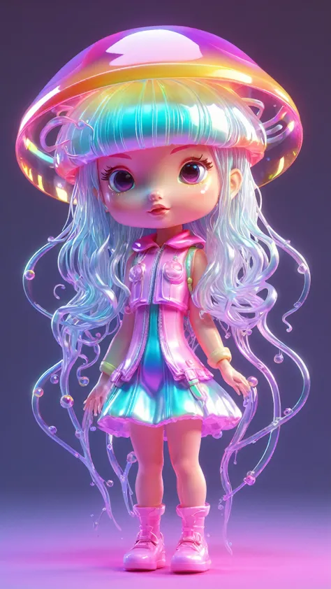 holographic,3d toy jellyfish girl,jellyfish,chibi,translucent,kawaii,Bauhaus,rich and colorful,Great lighting,3d,The art of math...