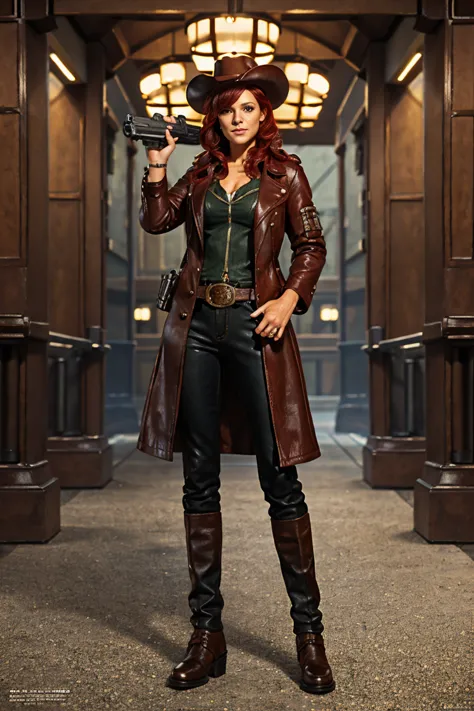 Red hair, green eyes, cowboy hat, leather jacket, a woman in a hat and coat holding a hand gun, a character portrait by senior c...