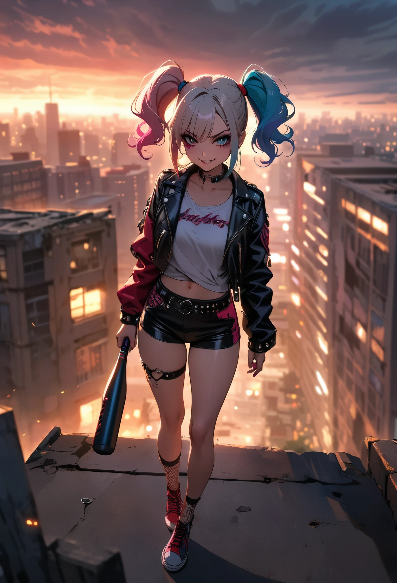 (masterpiece:1.3), (best movie quality:1.2), (medium：cartoon), (best quality),Harley Quinn standing on the roof of a city building,Dark and dramatic atmosphere,focus blur,city skyline in background,Dark clouds gather overhead,Vibrant and contrasting colors,ominous lighting,Red and black embellishments,Eye makeup smudge,Weird and naughty expression,Smiling threateningly,holding baseball bat,Abandoned buildings,wind blown hair,Leather jacket and shorts,Fishnet socks,Colorful double ponytail,Punk fashion,The air is filled with secrets and mysteries.