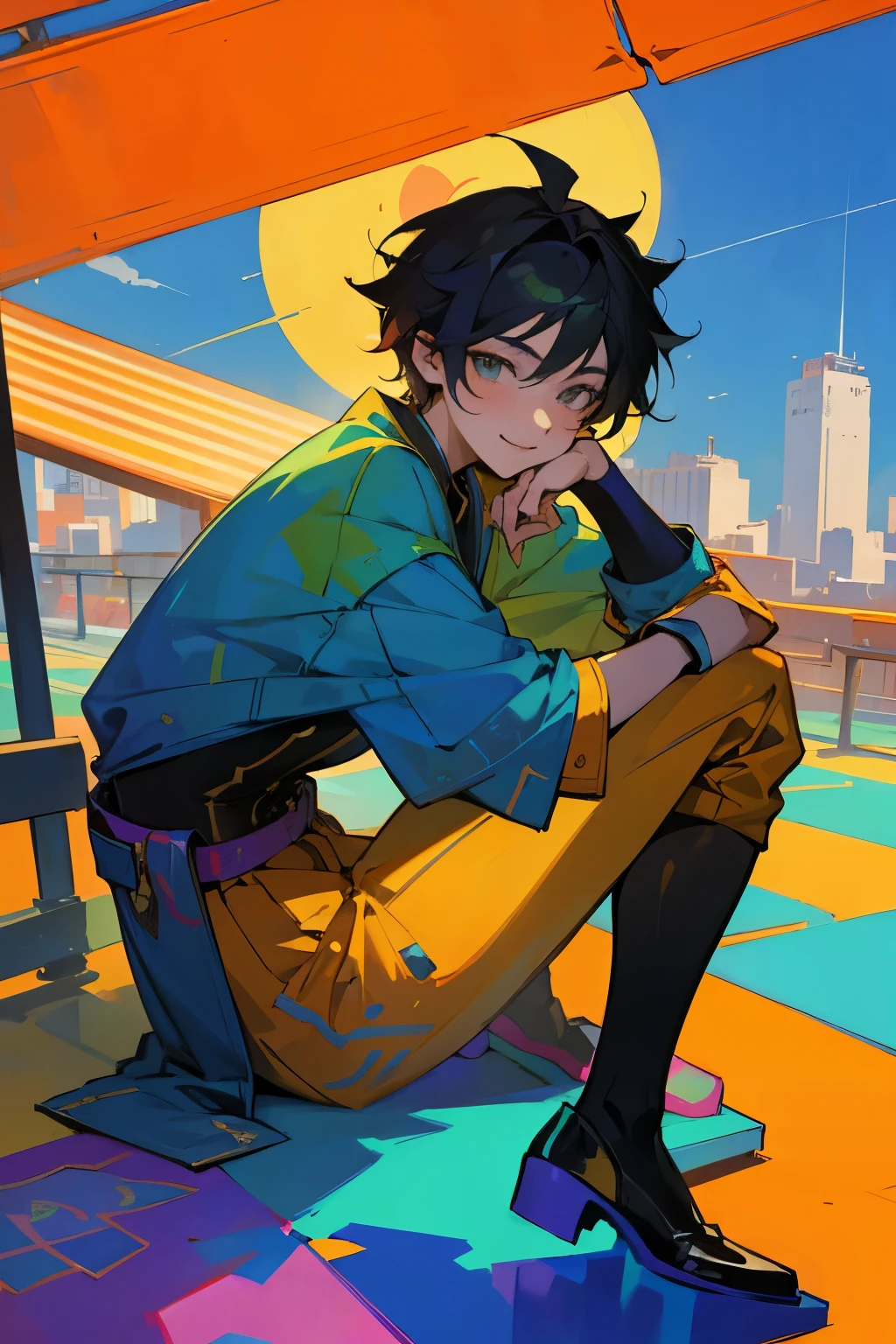 1 Male, teenager male, An artist, Sitting on a platform, colorful background city, Stunning light from distant brightens the scene, smile face, paintbrush, Casts a deep shadow on the clothes, colorful clothes, masterpiece, close up