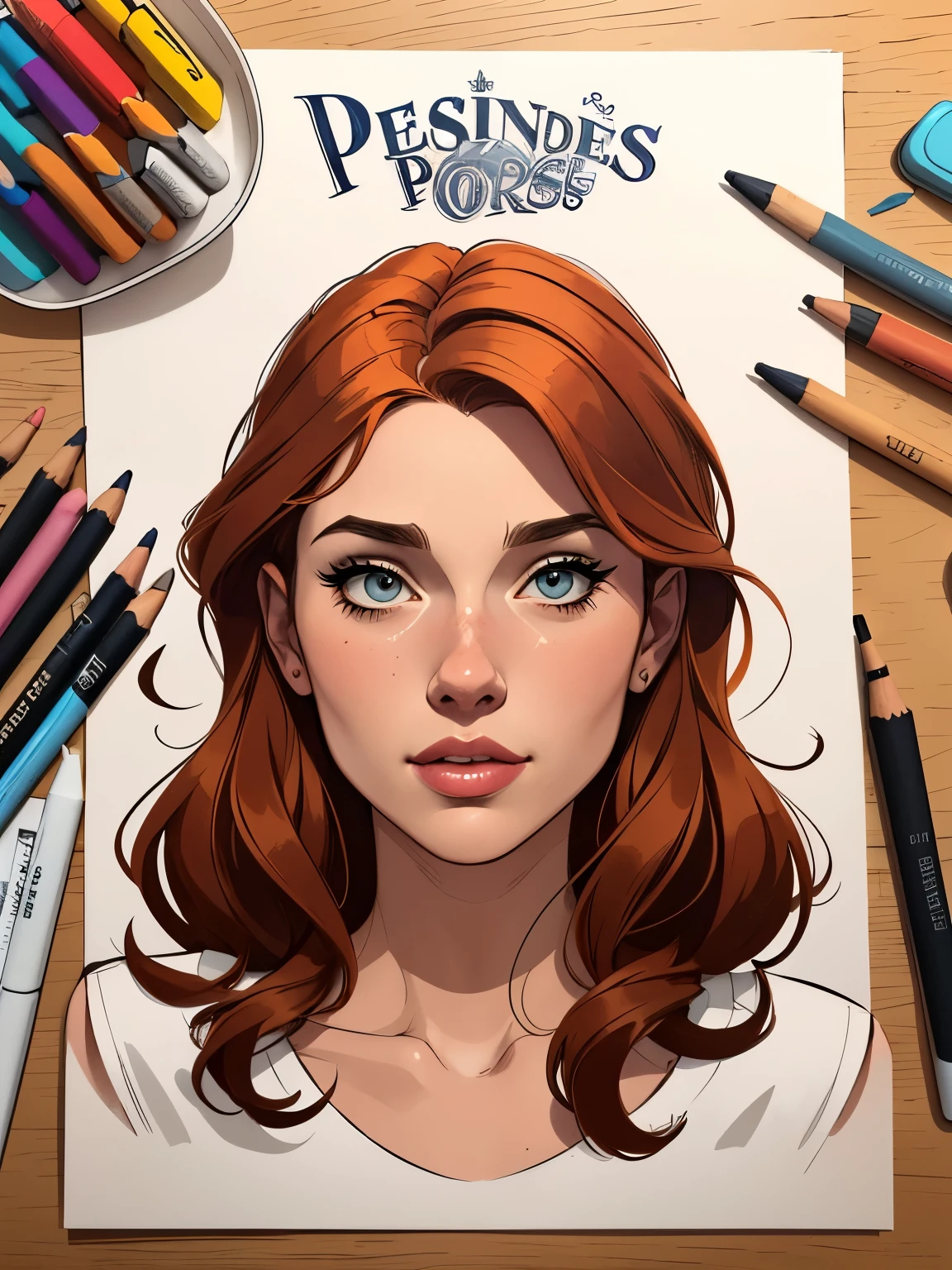 A drawing of a woman with red hair and blue eyes - SeaArt AI