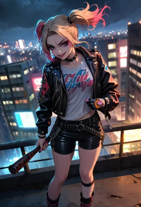 (medium：cartoon),harley quinn standing on the roof of a city building,dark and dramatic atmosphere,focus blur,city skyline in ba...