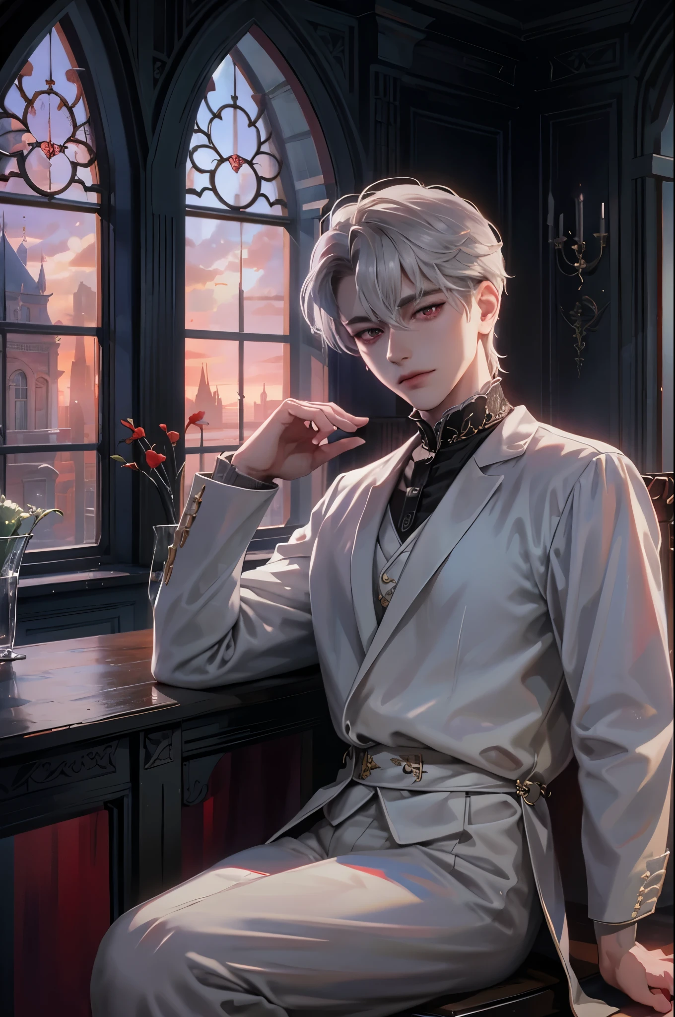 masterpiece, best quality, 1man, adult, male focus, solo, grey hair, vibrant red eyes, looking at viewer, closed mouth, cantarella, Fantasy aesthetics, Highly detailed, casual style, white outfit Victorian mansion background , beside the window, natural lighting 