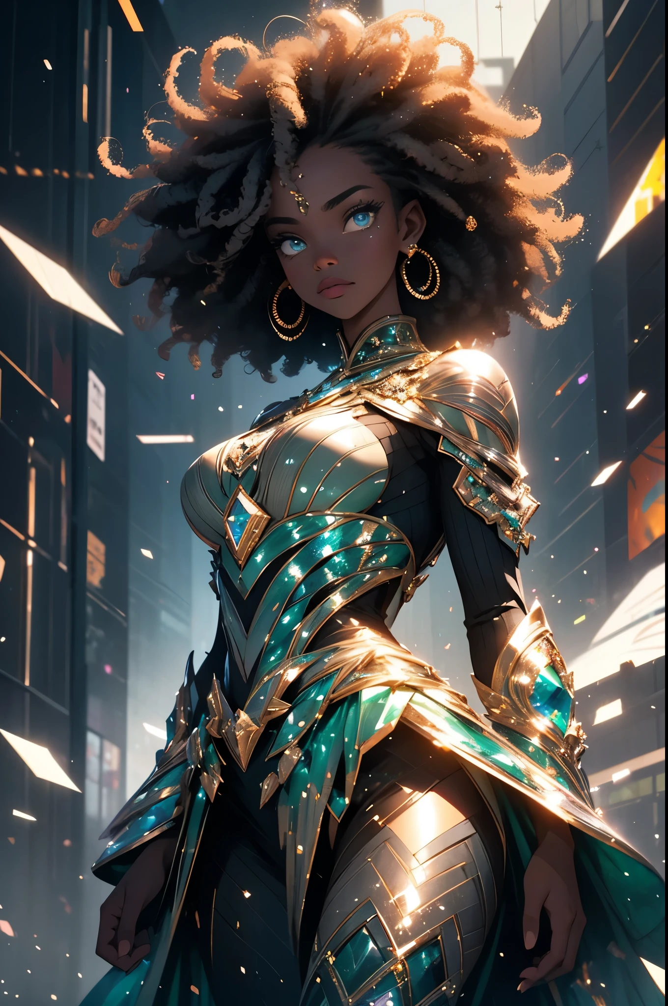 Half body shot of black woman surrounded by glittering bursting mirror glass particles, dressed in african designed attire, her image partially blurry, blue eyes and curly hair, standing in a city with abstract building infrastructures,  glittering and shimmering light reflecting on the mirror glass particles providing a beautiful and atmospheric scenery, beautiful and moody images, green, grey and silver colour grading.