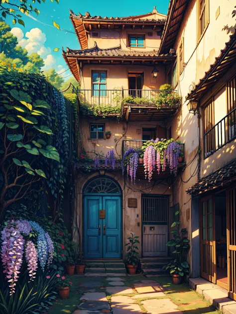 wide view, long spiral staircase, Bougainvillea flowers, wisteria Trees, leaves, day light, picket fences, blue sky, shadow, sha...