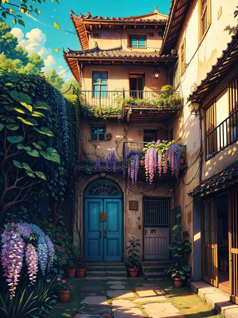 wide view, long spiral staircase, bougainvillea flowers, wisteria trees, leaves, day light, picket fences, blue sky, shadow, sha...