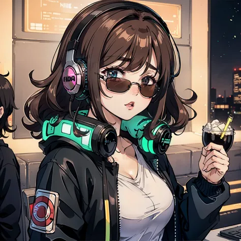 brown hair . beautiful woman，Curly hair and sunglasses，Wearing full size headphones - headphones or surround dark room neon cybe...