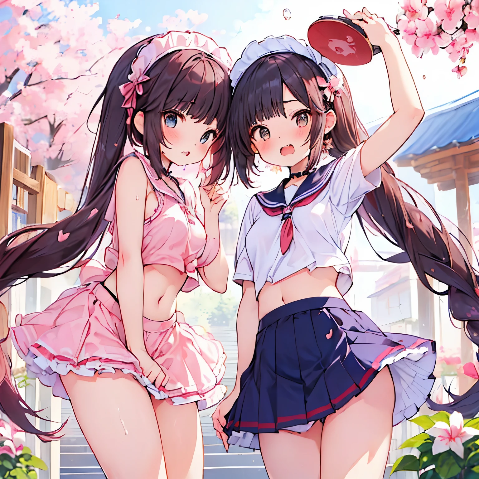 ((1 Japanese girl、aldult)), ( petite)), black hair、brown hair、masterpiece, 最high quality, high quality, Highly detailed 8K wallpaper,amusement park、Pink hair、tropical night、intense heat、heavy breathing、Breathing、Sweat、headdress、cute girls、Cute Maid、bold pose、(open your mouth、small double teeth)、big nipples、Waiting for orders、No correction、Wave、(girl、Classmate、squid belly、pink wearing)、（No underwear）、beautiful flat chest、（Intense Sweat）、(Saliva volume:1.4）、(female primary school student、Cute belly、Prephysiological、Swelling belly、Pussy spread、Squirting）、（Stroking the stomach:2）、(A face that looks comfortable、beautiful face）、（Serving）、（Trembling in the lower back:2）、Life-size、in front of the camera、Walking with your legs together