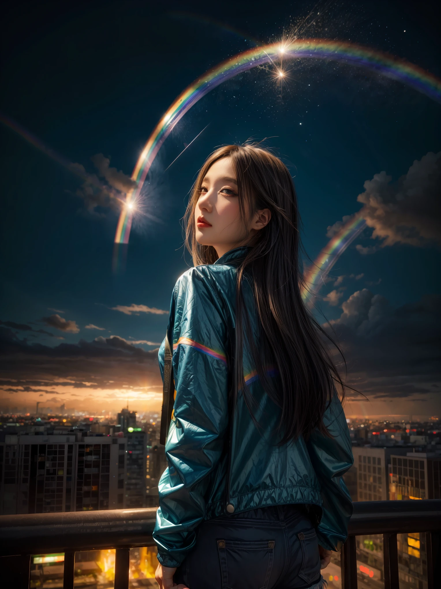 ((Riesiger Regenbogenmeteor))、Anime-Mädchen mit Blick auf die Großstadtlandschaft,Stadt der nahen Zukunft、 Makoto Shinkai Cyril Rolando, Anime-Kunst-Hintergrundbild 4k, Anime-Kunst-Hintergrundbild 4k, Anime-Kunst-Hintergrundbild 8k, inspiriert von Cyril Rolando, Im Stil von Art Mumford, tolle Tapete, By Yumei