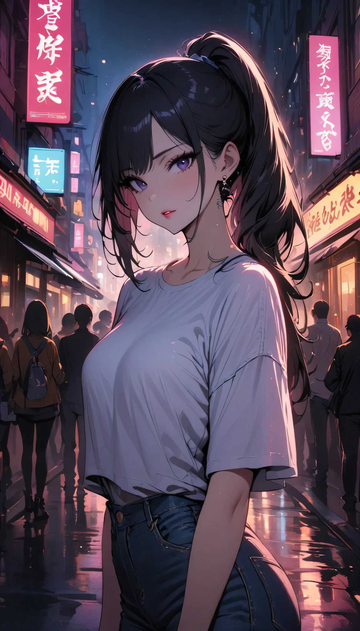 top quality, masterpiece, ultra high definition, (Evening Street), 1 girl, black eyes, looking at the audience, long hair, Light makeup, lips, Small ears, White T-shirt, Denim shorts, earrings, Slim, Neat, ponytail