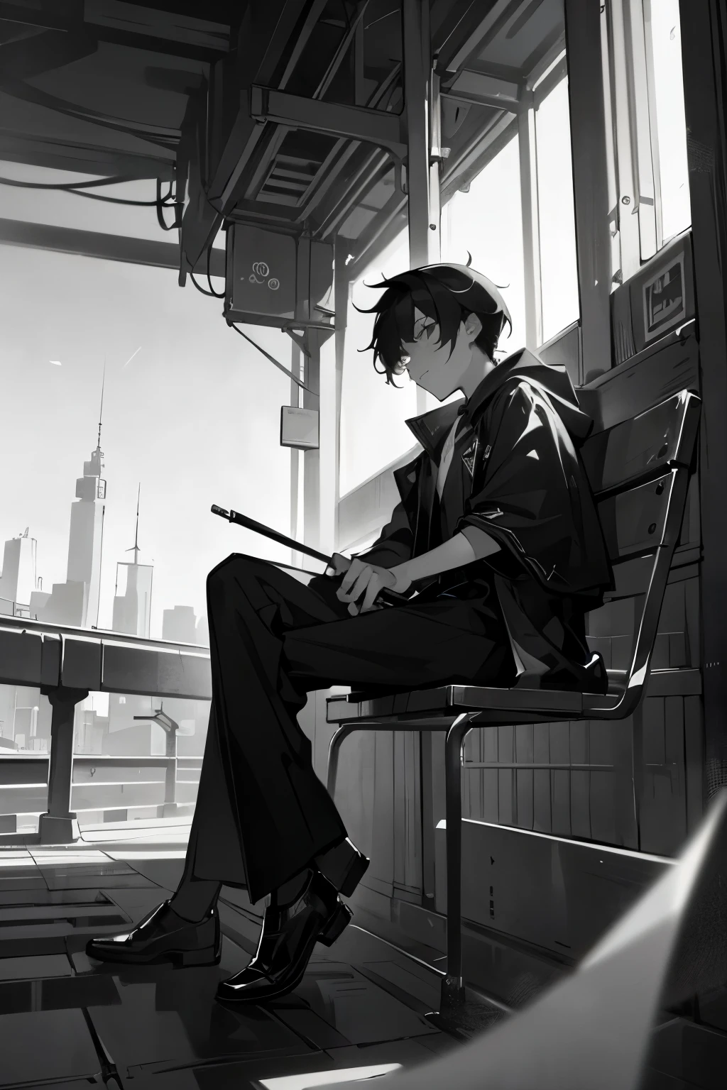 1 Male, teenager male, An artist, Sitting on a platform, monochrome background city, Stunning light from distant brightens the scene, paintbrush, Casts a deep shadow on the clothes, masterpiece, monochrome