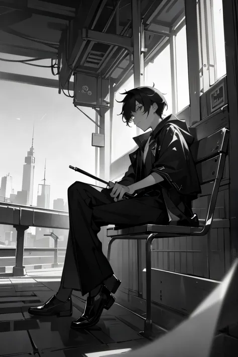 1 Male, teenager male, An artist, Sitting on a platform, monochrome background city, Stunning light from distant brightens the s...