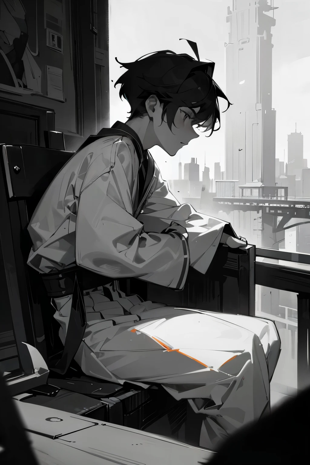 1 Male, teenager male, An artist, Sitting on a platform, monochrome background city, Stunning light from distant brightens the scene, paintbrush, Casts a deep shadow on the clothes, close up, masterpiece, monochrome