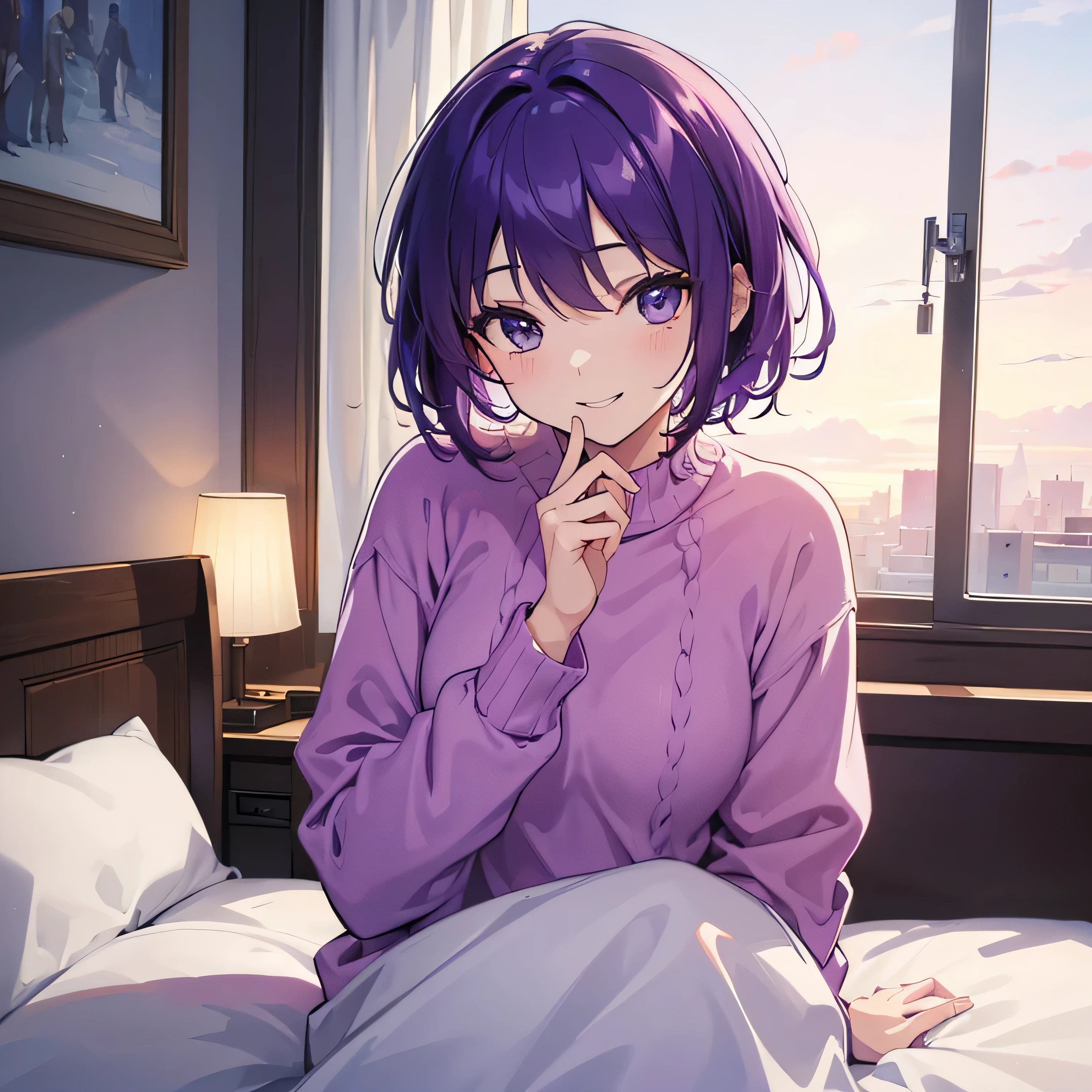 (T Masterpiece，4k wallpaper，best quality))、((girl１people))、(solo)、Shining and vivid，(purple hair)、(shortcut:1.3)、smile、Bedroom、sweater、morning