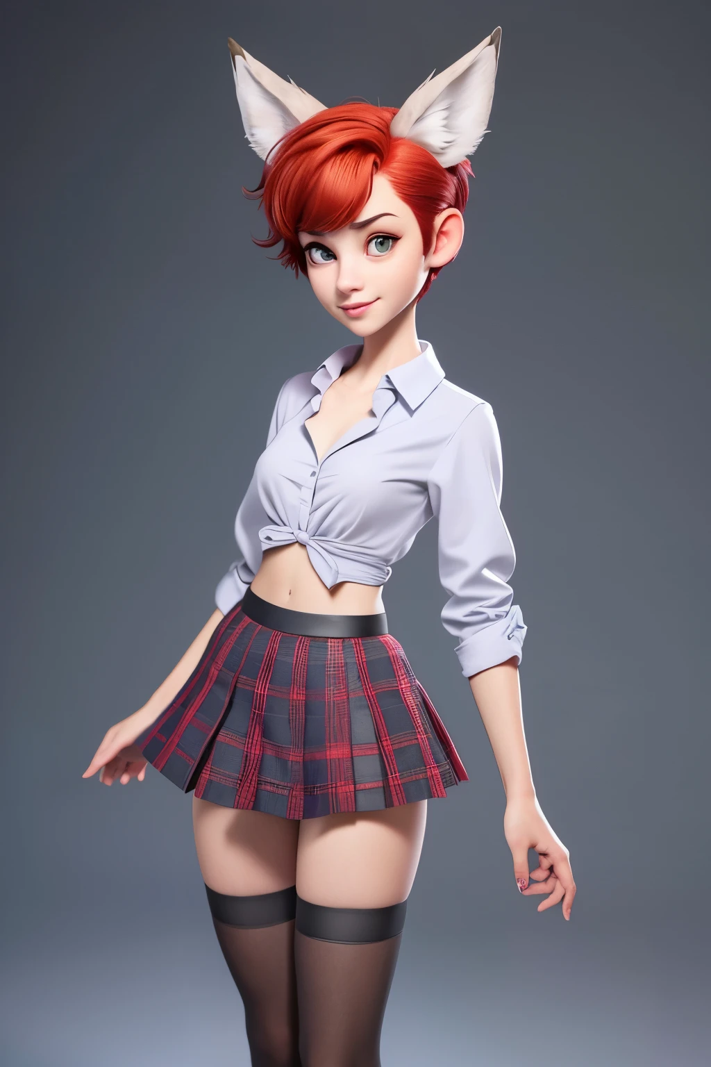 1girl, teenager, solo, (short pixie cut Hair, undercut red hair: 1.28), ((light gray eyes)), some small freckles, (dark fox ears: 1.35), pale skin, large breasts, cleavage, (thin hips, thin waist: 1.25), simple background, looking away, (revealing clothes, tight unbuttoned blouse, see through blouse, pleated mini skirt, thigh high stockings, plaid b&w sneakers, school outfit: 1.11), masterpiece, best quality,3d rending work ,3DMM style, close-up, portrait, 3D,