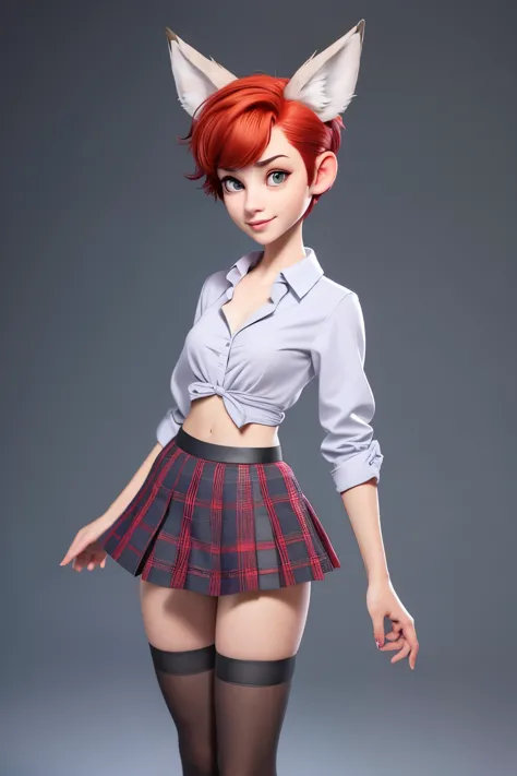 1girl, teenager, solo, (short pixie cut hair, undercut red hair: 1.28), ((light gray eyes)), some small freckles, (dark fox ears...