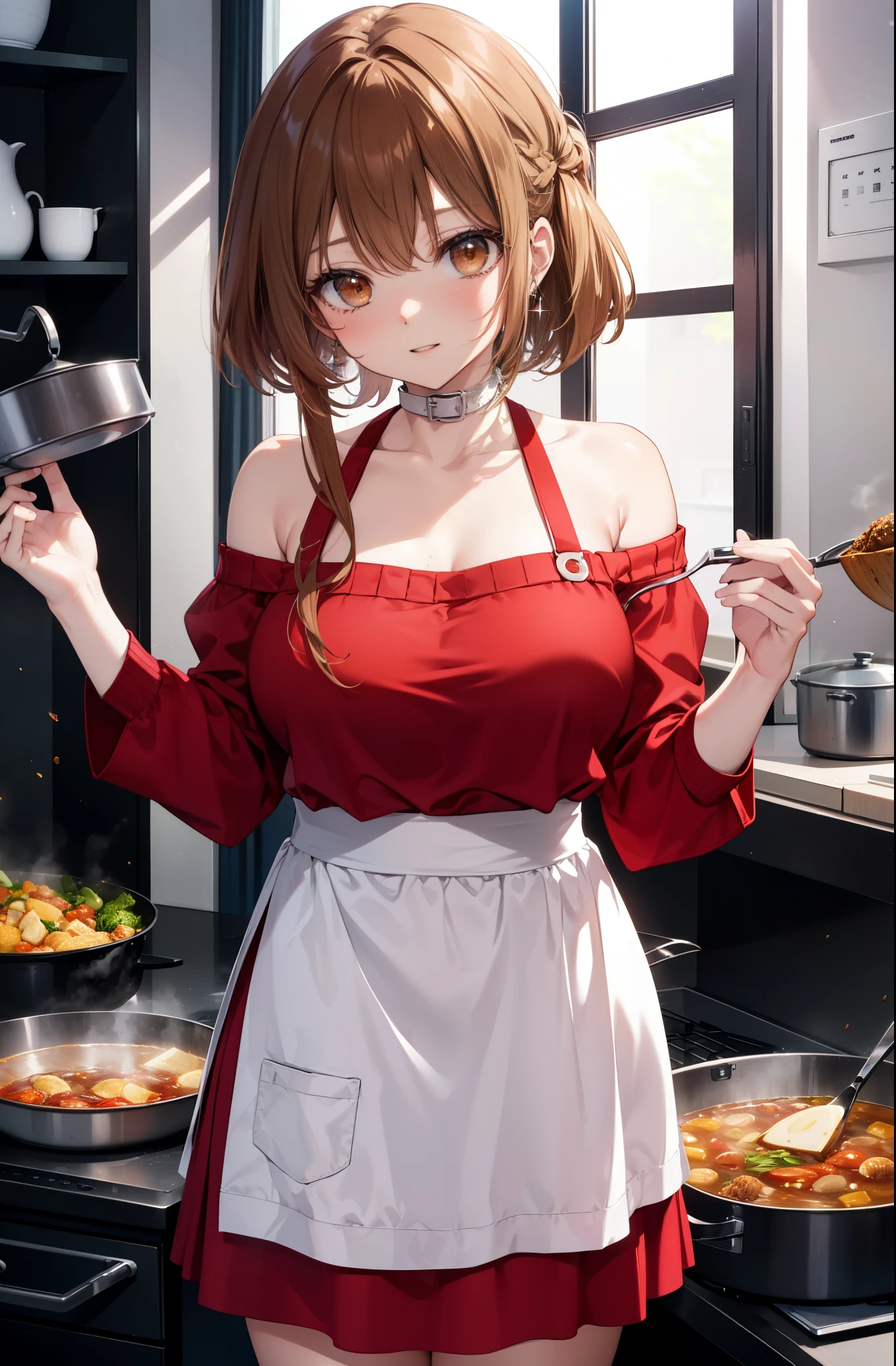 a sun ayuuki, Sun and Yuki, long hair, brown hair, (brown eyes:1.8),red面,smile,open your mouth, big breasts,white off shoulder sweater,bare shoulders,bare clavicle,naked neck,red,long skirt,pink apron,Cooking in the kitchen、Cook stew in a large pot,
break indoors, kitchen,キッチン
break looking at viewer, (cowboy shot:1.5),
break (masterpiece:1.2), highest quality, High resolution, unity 8k wallpaper, (shape:0.8), (beautiful and detailed eyes:1.6), highly detailed face, perfect lighting, Very detailed CG, (perfect hands, perfect anatomy),