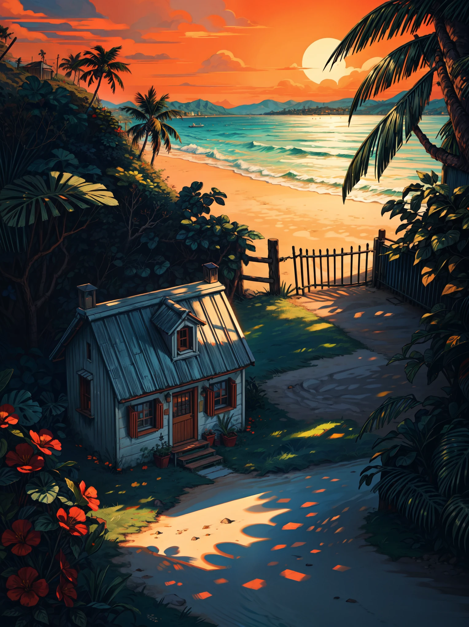 aerial view, old small lonely hut, beach, stairs, blue windows, bushes, palm trees, day light, white picket fences, waves, dramatic reddish orange vibrant sky, shadow, shade, light shine on part of foliage, micro landscape, day time, shade, intrinsic details