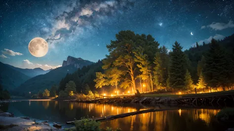 best image quality,masterpiece,fantasy,majestic nature,night,starry sky,moon,river murmur,firewood,look from below