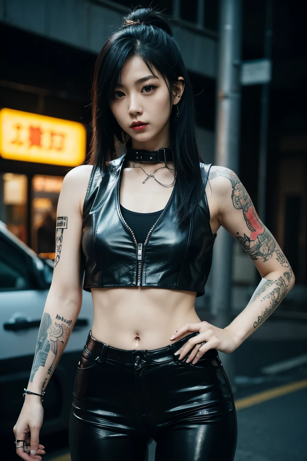 Japanese rockergirl wearing leather vest and tight leather pants, cyberpunk setting, navel piercing, tattooedgirl, black hair <lora:hair_length_slider_v1:8