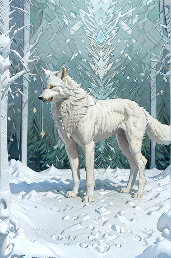 (melhor qualidade,4K,alta resolução,obra de arte:1.2),Ultra-detalhado,lobo branco sereno,aura mítica,detalhes finos,Floresta nevada.