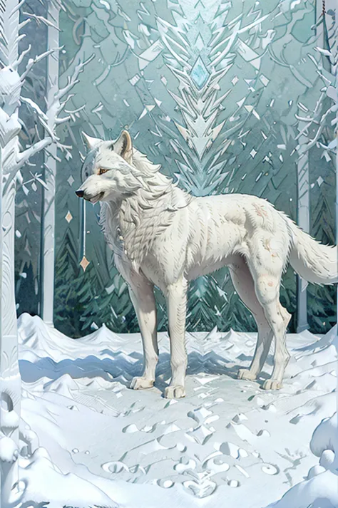 (best quality,4k,highres,masterpiece:1.2),ultra-detailed,serene white wolf,mythical aura,fine details,snowy forest.