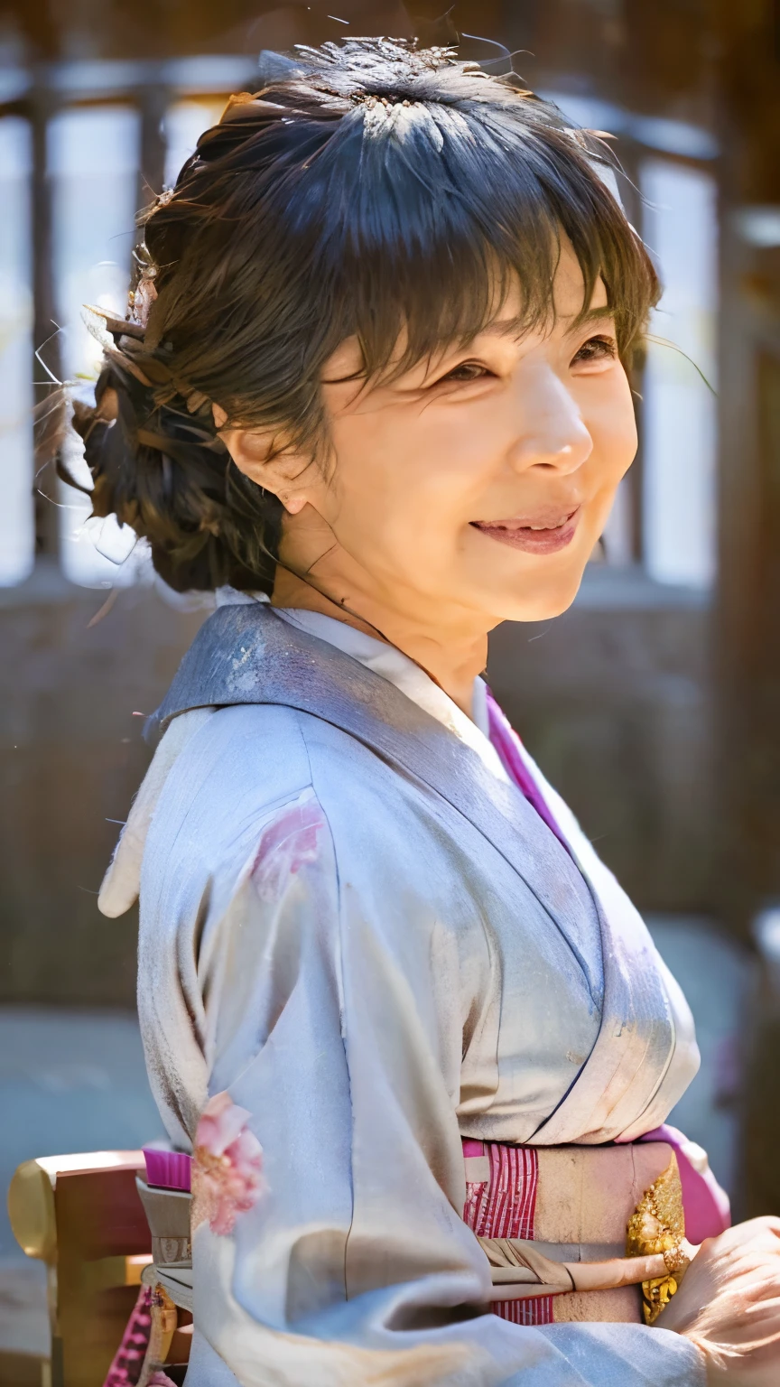 NSFW, ((Top Quality)), ((8K)), ((Masterpiece: 1.3)), (Perfect Appearance), (Photorealism: 1.6), (woman in kimono), Japanese woman, (48 years old), married woman, ((Realistic skin texture 1.8)), (Fine wrinkles throughout the skin: 1.3), (Dull skin: 1.1), (Skin without moisture: 1.2) , (Wrinkles on the face: 0.9), (Wrinkles on the corners of the eyes: 1.2), Double eyelids, tear bags on the lower eyelids, (Crying moles: 0.9), The eyes are looking here, smiling with lips slightly open, (Dimples: 1.2), (The bangs are swept to one side), long hair, unbound hair, ((whole body)),