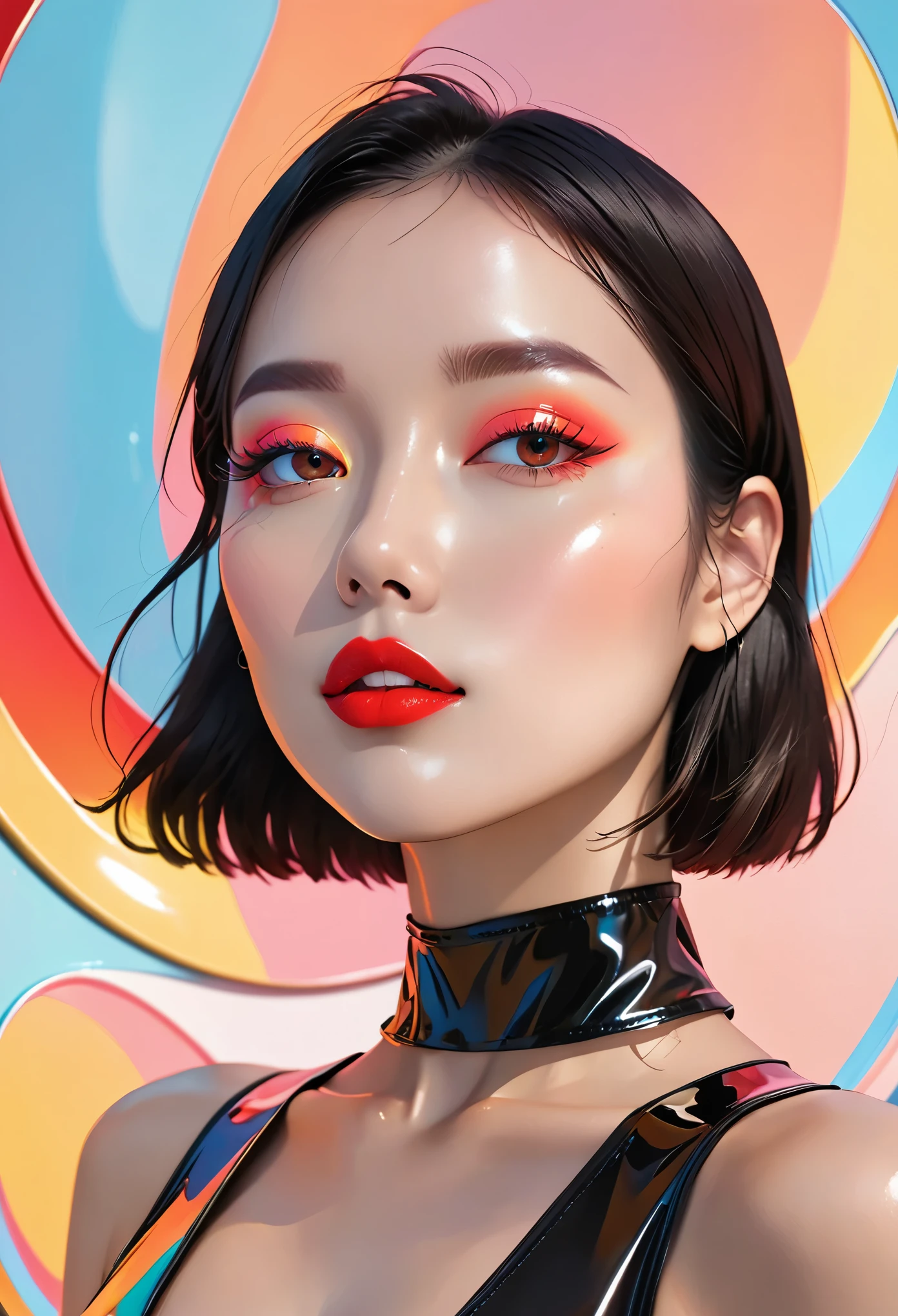 The image is of a woman with red lips，The style is a colorful sky、Neon color palette、beauty of simplicity、Glow shadows、sun-kissed palettes、smooth lines、Olympus，Latex and black leather，Snapshot style aesthetic、Mirror、webcam、whole body、clean