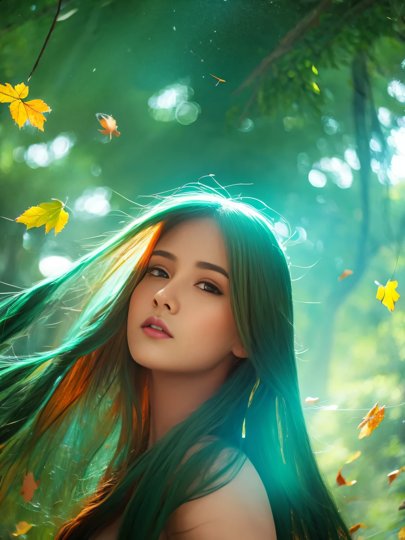 (High Detail:1.2)Anime Girl,(Cinematic Lighting,Delicate Colors),(Falling Leaves:1.2), Calm Lighting, Wind, Fog. Turquoise, delta shades. discord banner  