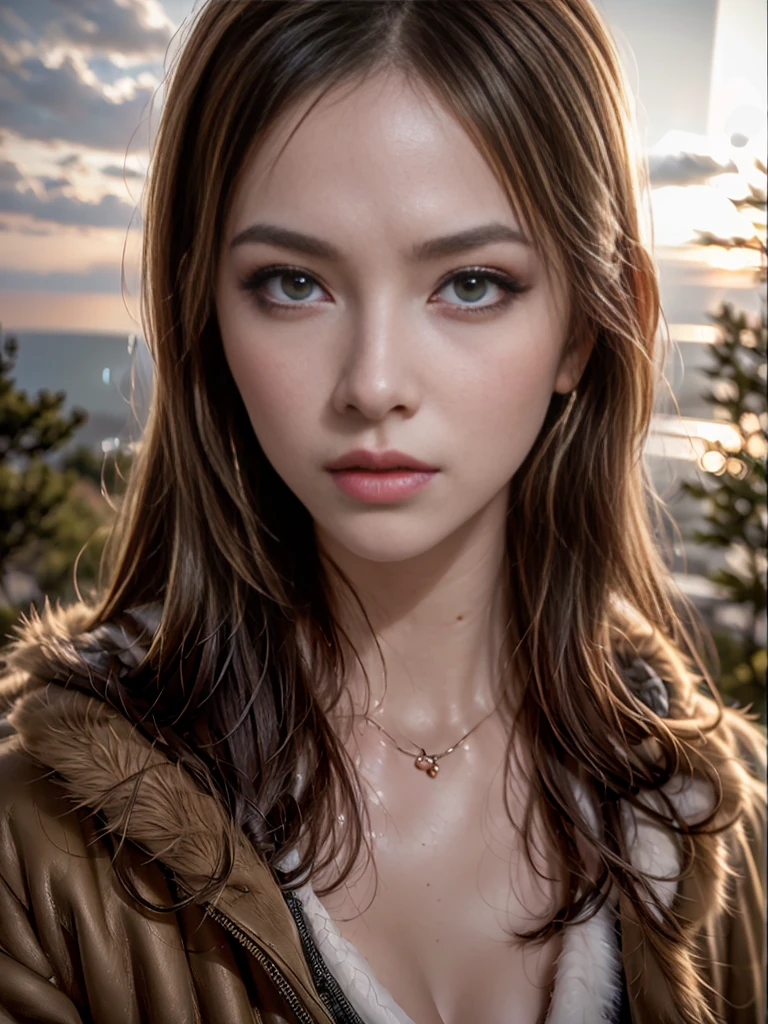 chrrblssm (sharp focus:1.2), 8k raw photo:1.5, highly attractive young woman, (beautiful face:1.1), (fine eyes), (eyeliner:1.2), (luscious lips, lip detail(, (smoky eye makeup:0.95), wearing (fur coat:1.2) to (on the cliff:1.2). (moody lighting:1.2), Depth of the bounds written, Bokeh, 8K, HDR. to depend on (james c. Christensen:1.2|Jeremy Lipking:1.1). fascinating look,