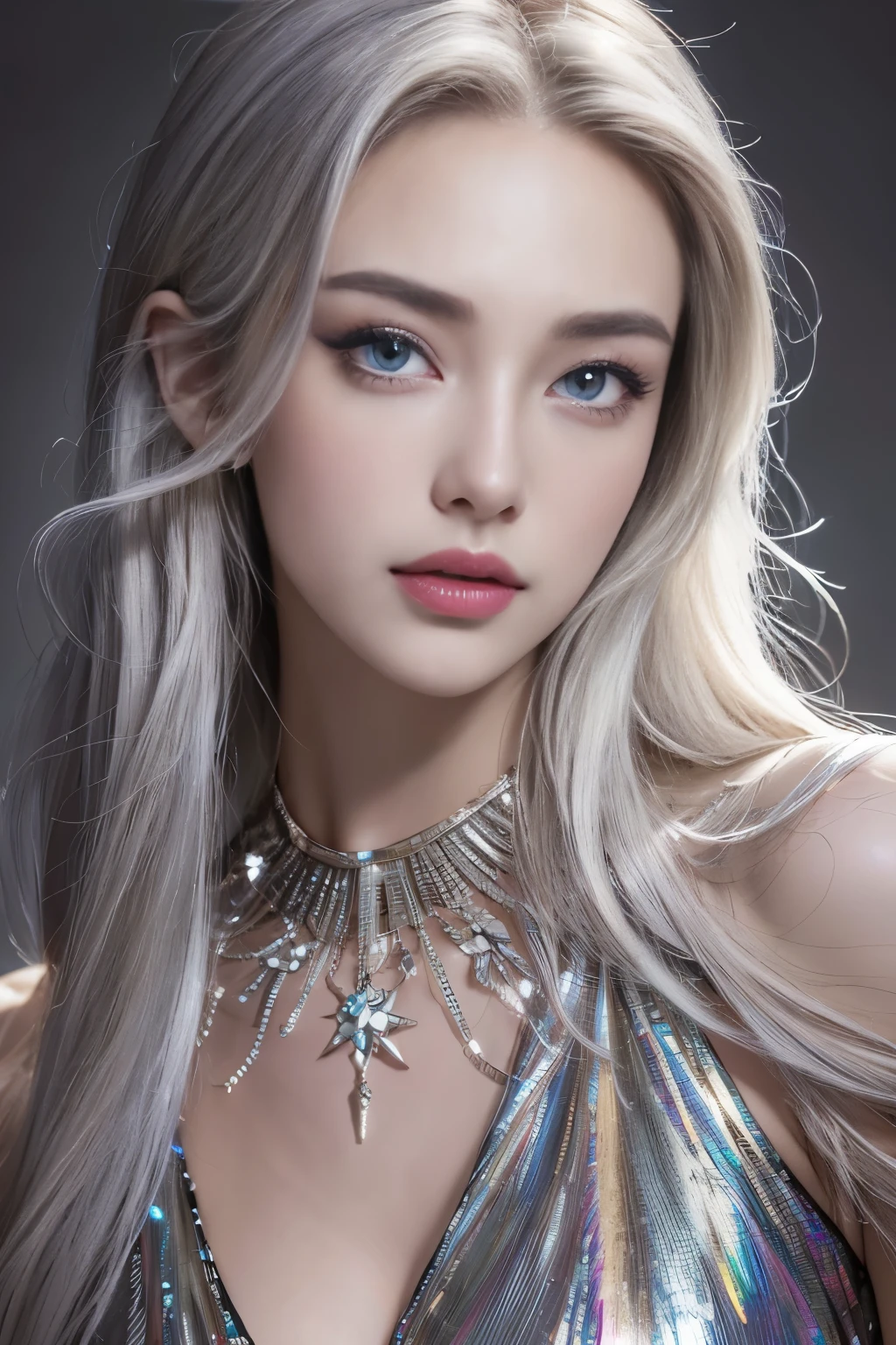 silver-haired woman in a dress, (masterpiece,Super high quality,ultra high resolution,super realistic:1.5), 1 female, platinum silver hair, alone, sundress,colorful, photorealistic, realism, realistic, human, (detailed description,detailed eyes,clear eyes,Iridescent glow,long eyelashes), (beautiful breasts,Golden ratio slender body), glance at the viewer, enchanting smile, Full body shot, 